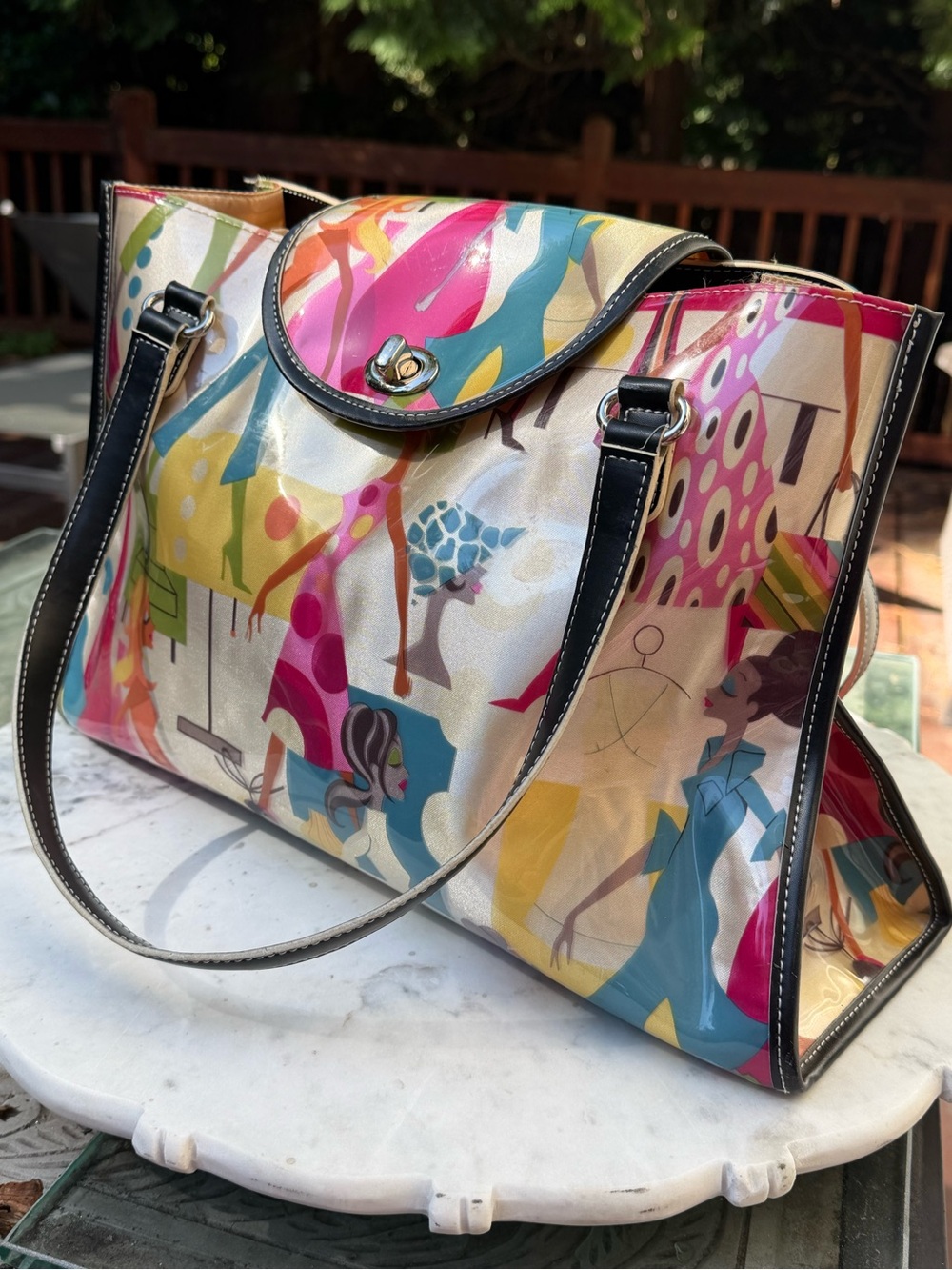 Maxx New York MulticolorColorful Printed Tote Bag woman’s summer with Black Trim